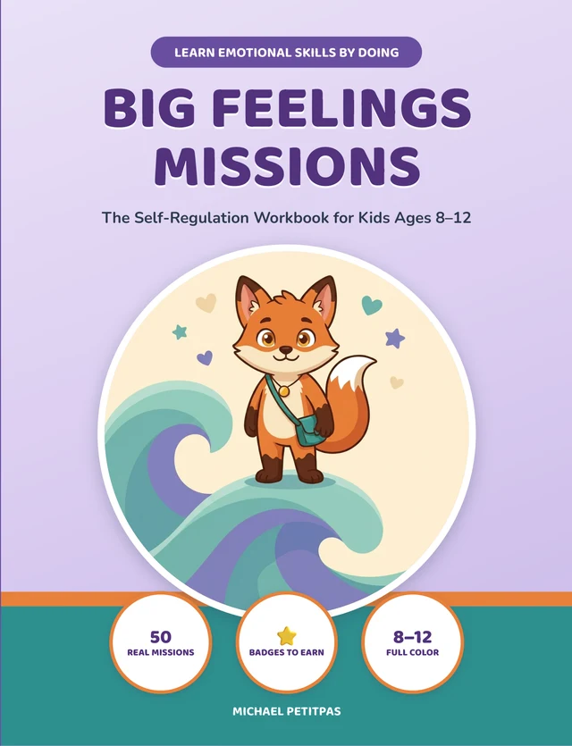 Big Feelings Missions cover — Max the Fox riding a wave, on the self-regulation workbook for kids ages 8–12