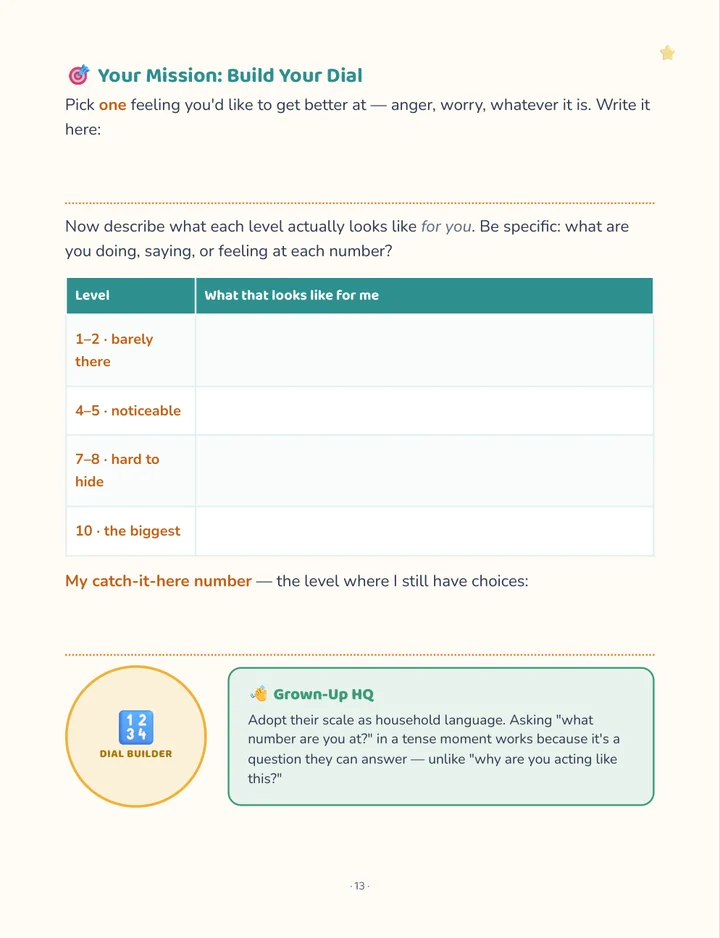 A mission activity page — building your own 0 to 10 feelings dial