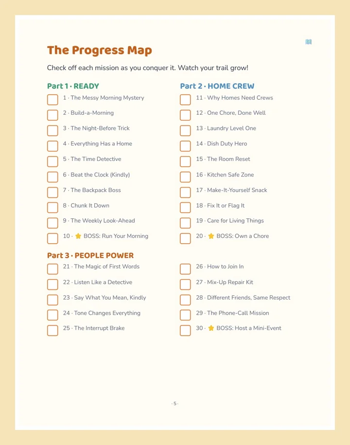 Progress map page — kids track all 50 missions and 5 boss missions