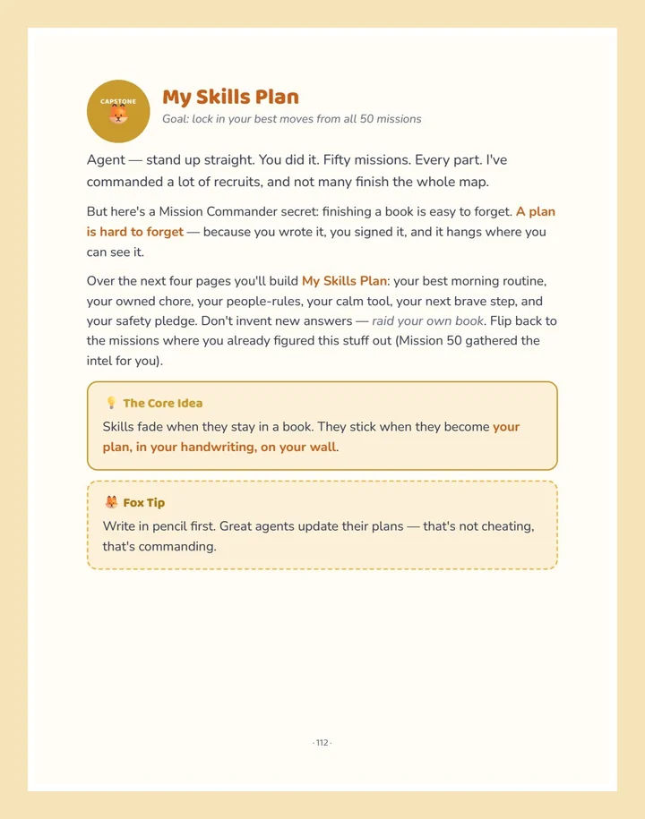 My Skills Plan capstone page kids fill in to plan the skills they'll keep building