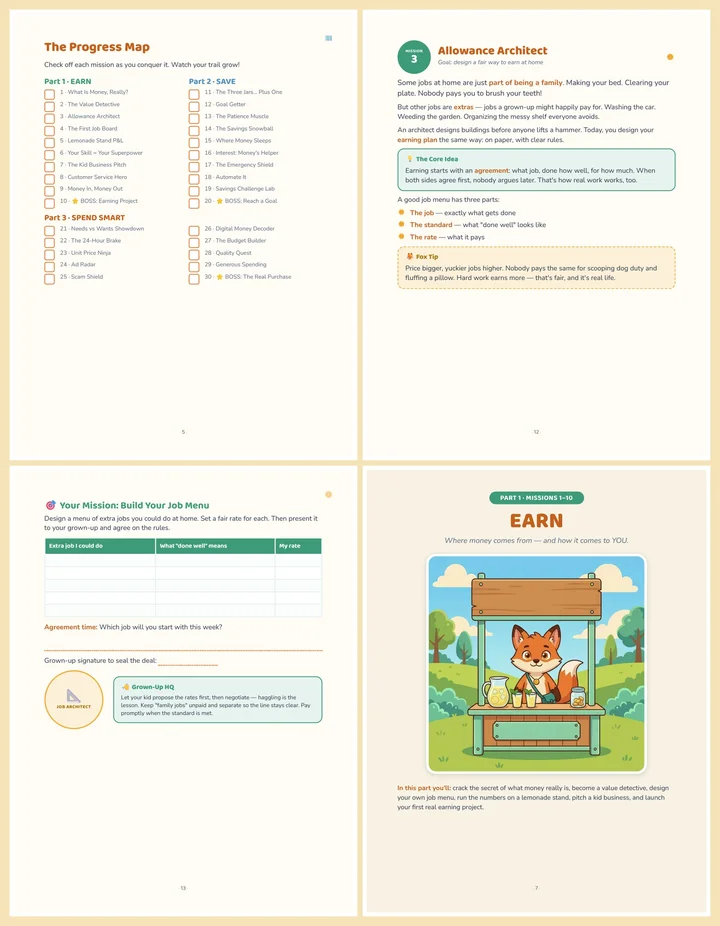 Look inside spread — sample Money Missions pages laid out