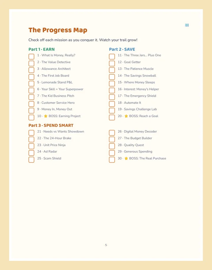 Progress map page — kids track all 50 missions and 5 boss missions