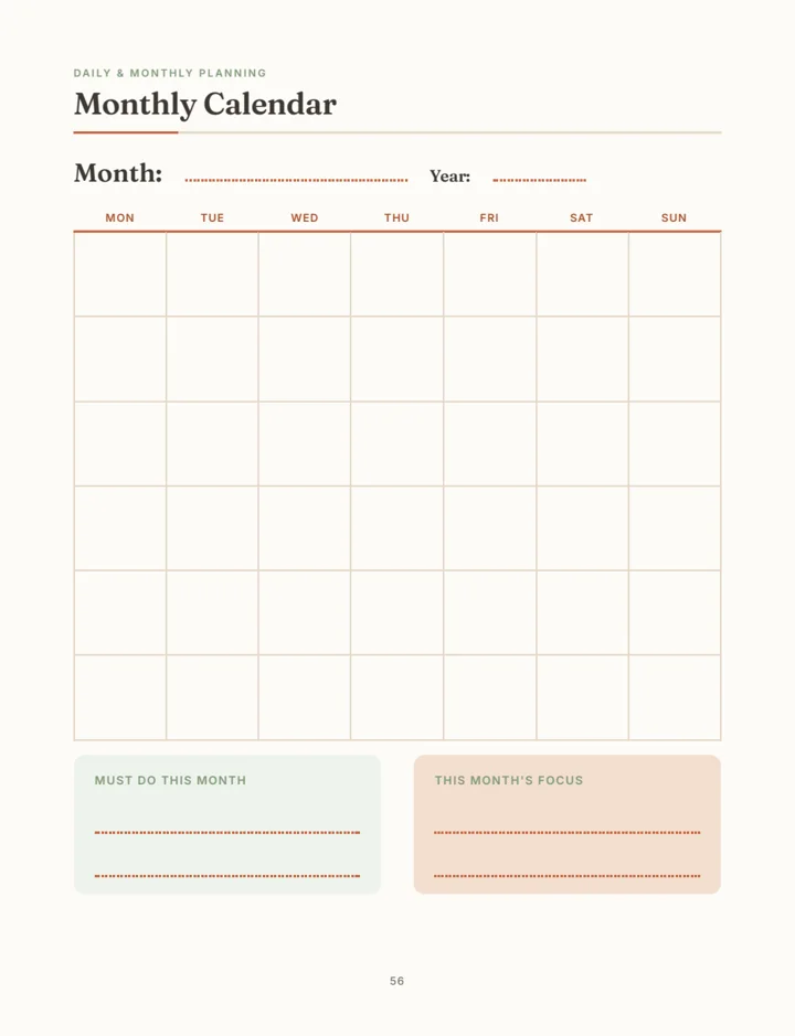 Undated monthly calendar page with must-do and focus boxes