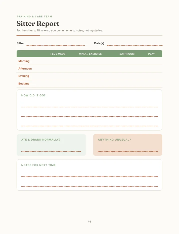 Sitter report page with daily routine grid