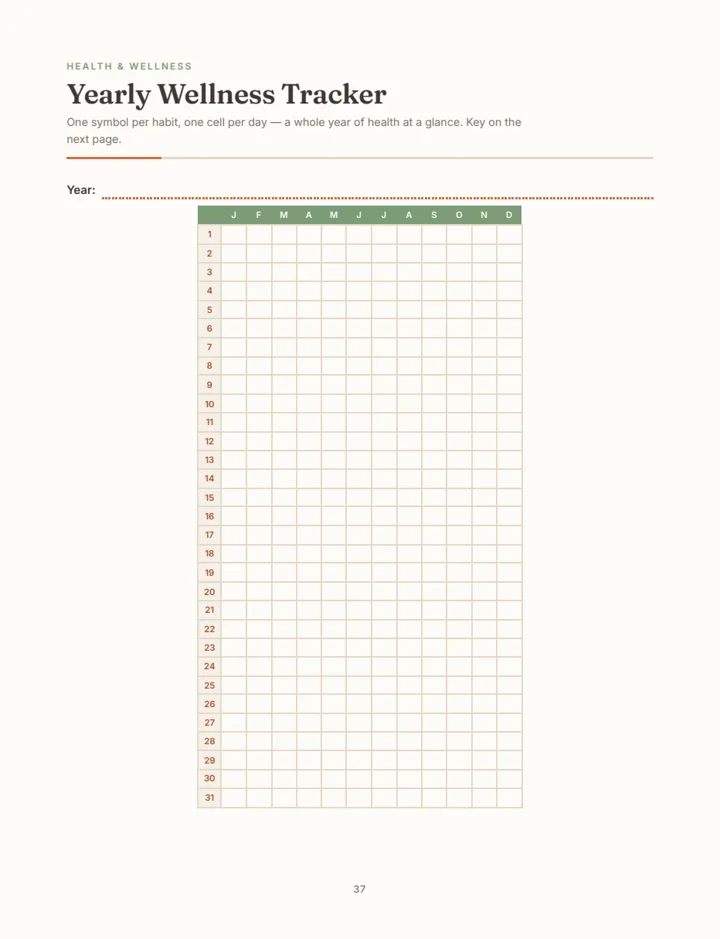 Yearly wellness tracker grid — 31 days by 12 months