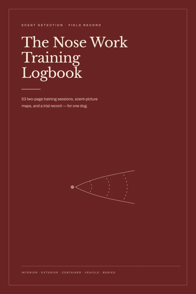 The Nose Work Training Logbook cover — a scent-cone line diagram on deep oxblood red