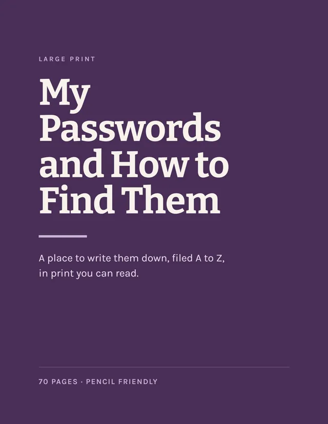 My Passwords and How to Find Them cover &mdash; large white type on deep plum